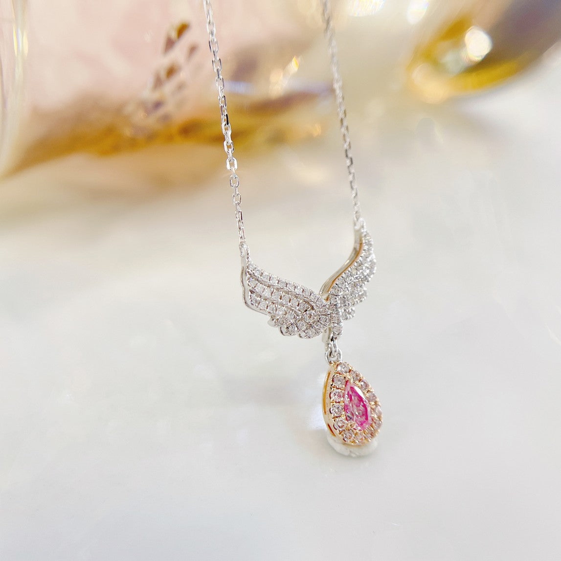 18K Pink Diamond Drop Angel Wings Pendant Jewelry - Pink Diamond Necklace