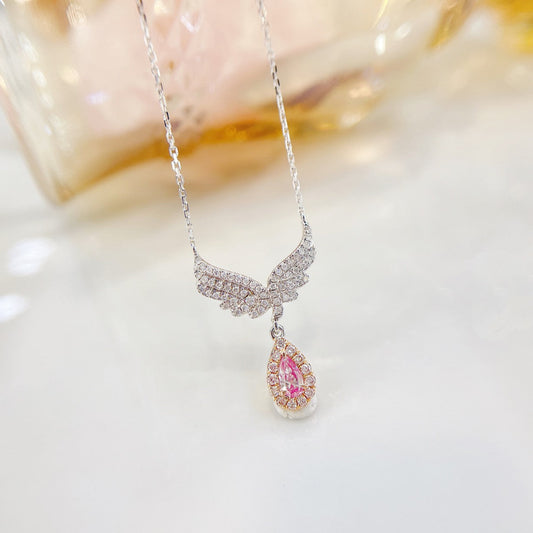 18K Pink Diamond Drop Angel Wings Pendant Jewelry - Pink Diamond Necklace