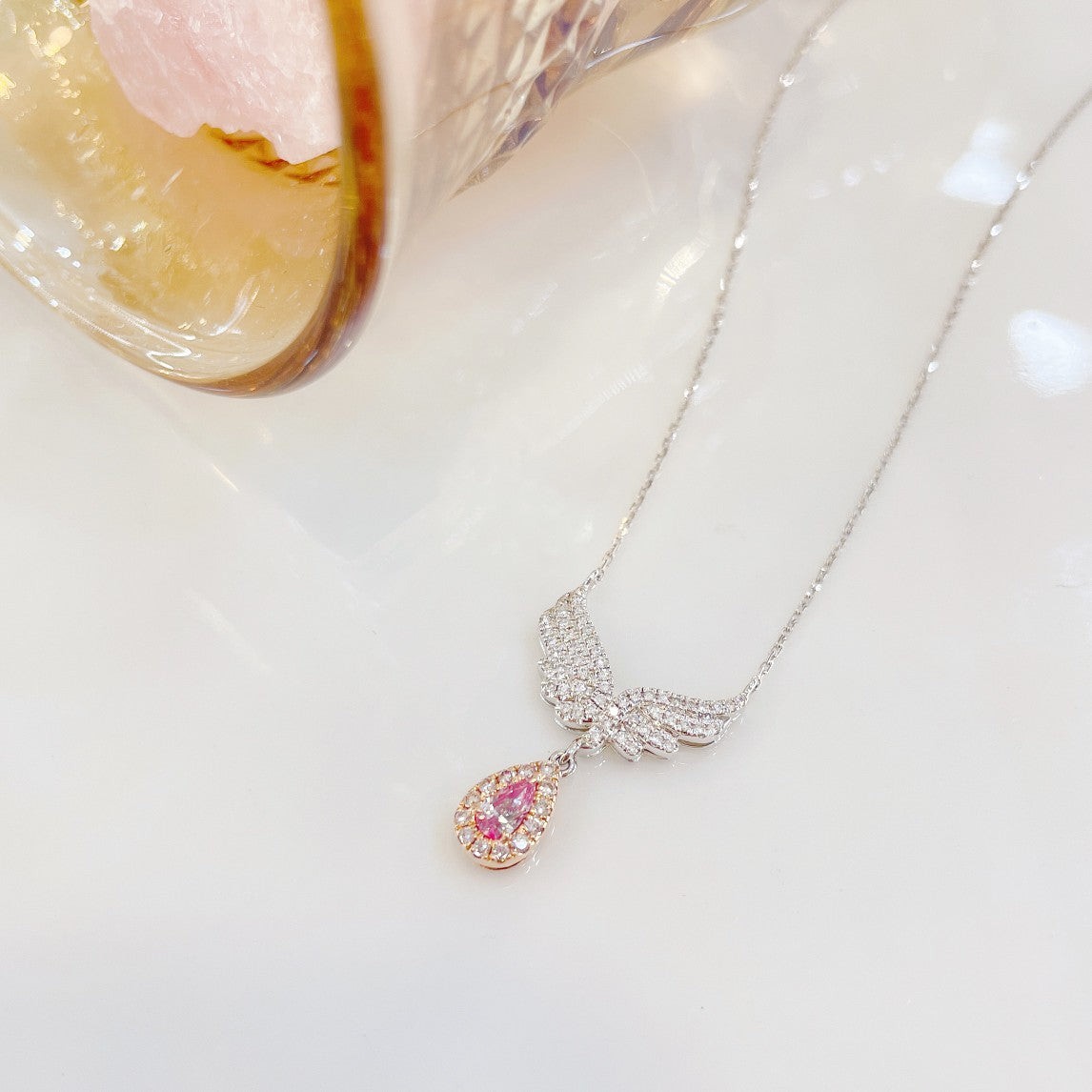 18K Pink Diamond Drop Angel Wings Pendant Jewelry - Pink Diamond Necklace