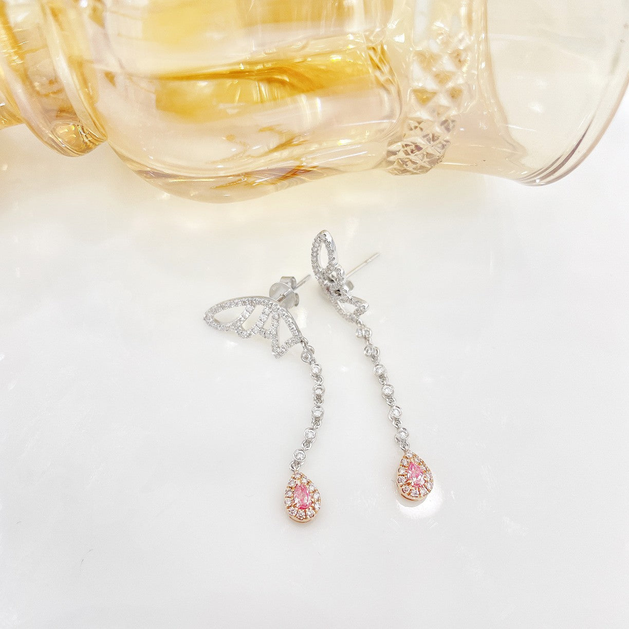 18K Pink Diamond Drop Butterfly Earrings - Luxurious Jewelry - Jeweler.Jewelry