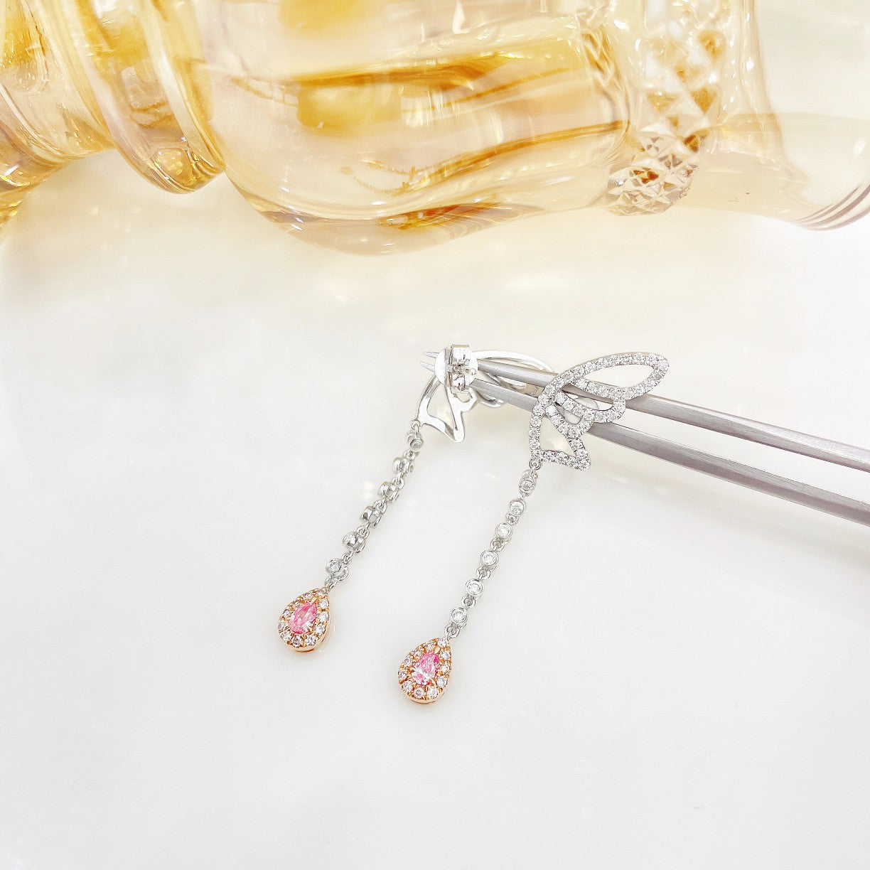 18K Pink Diamond Drop Butterfly Earrings - Luxurious Jewelry - Jeweler.Jewelry