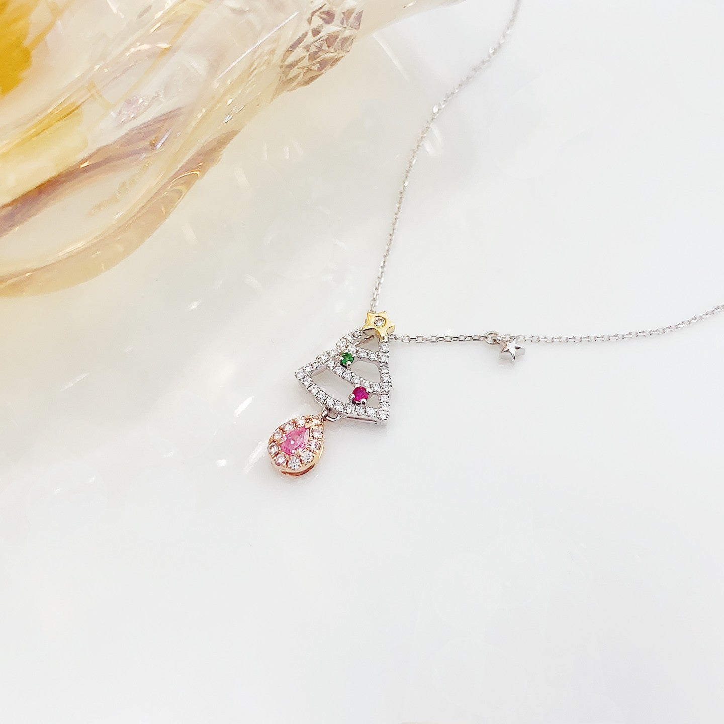 18K Pink Diamond Drop Christmas Tree Pendant Jewelry - Pink Diamond Necklace