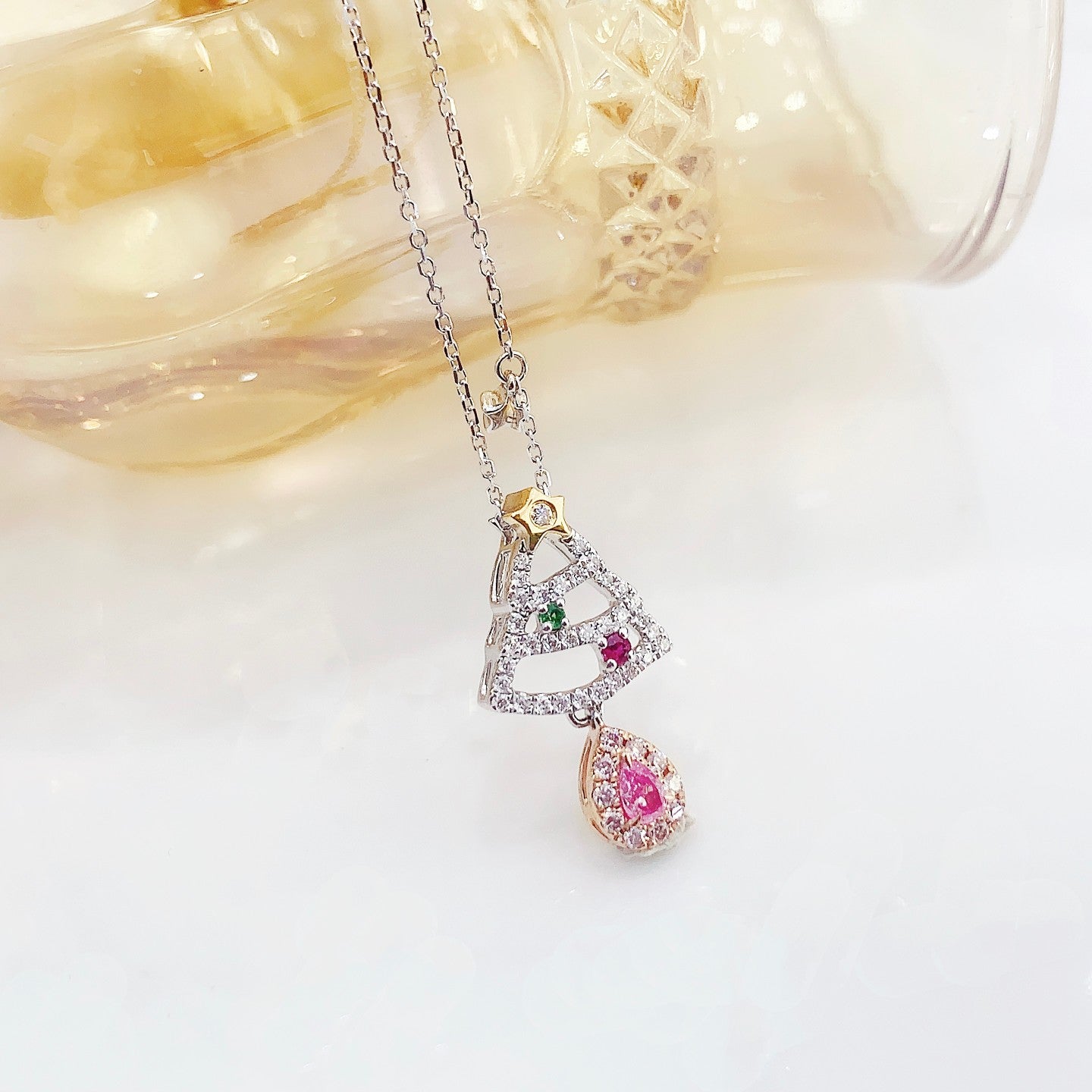 18K Pink Diamond Drop Christmas Tree Pendant Jewelry - Pink Diamond Necklace