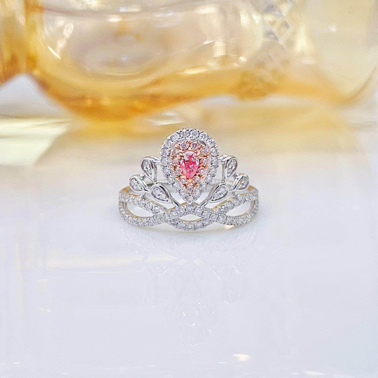 18K Pink Diamond Drop Crown Ring - Exquisite Jewelry Piece - Pink Diamond Ring