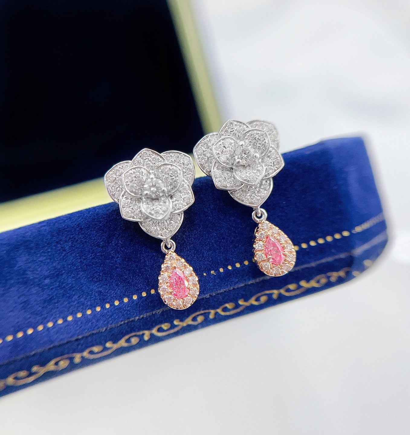 18K Pink Diamond Drop Earlobe Jewelry with Marquisette Flower Design - Jeweler.Jewelry