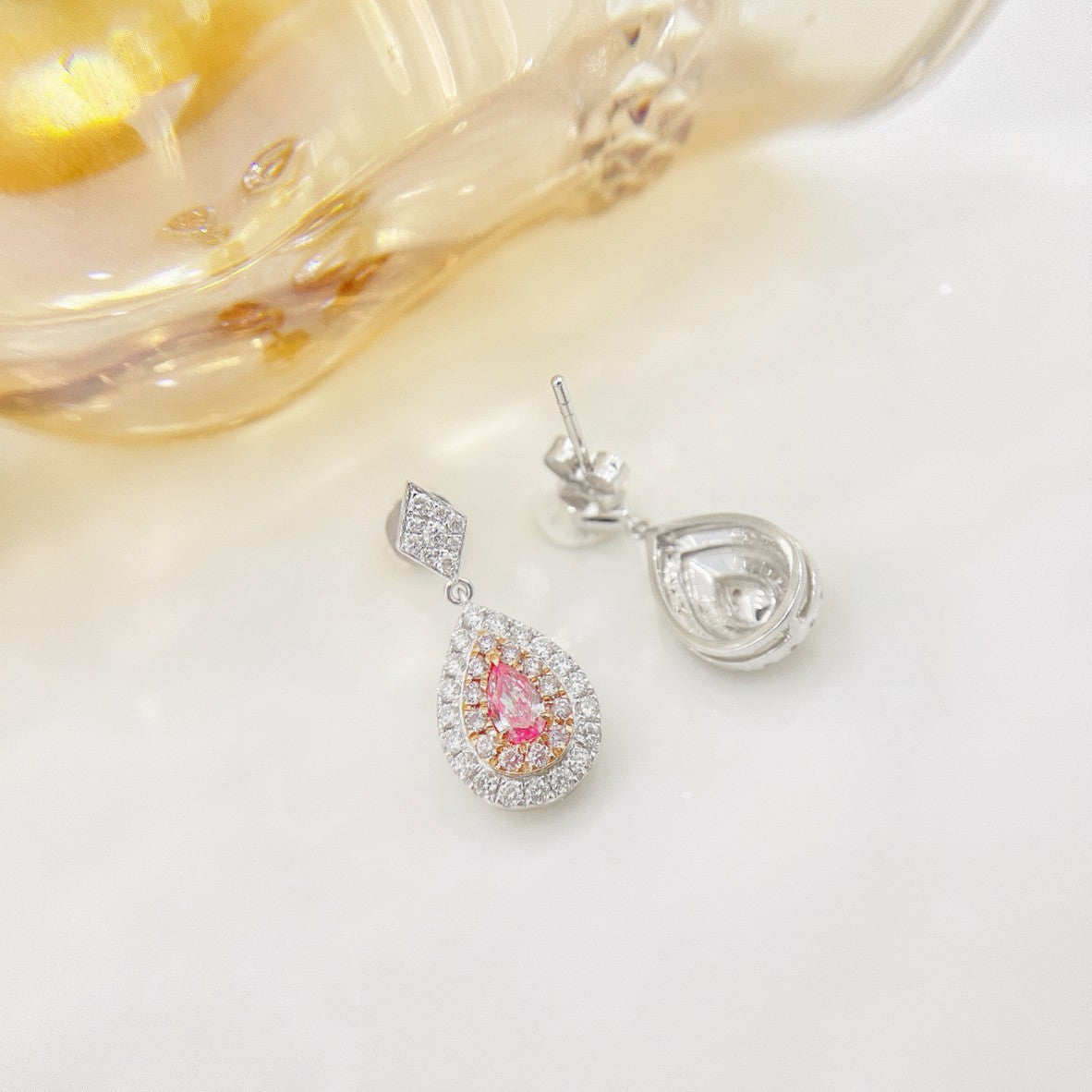 18K Pink Diamond Drop Earrings with Surrounding Diamonds - Jeweler.Jewelry