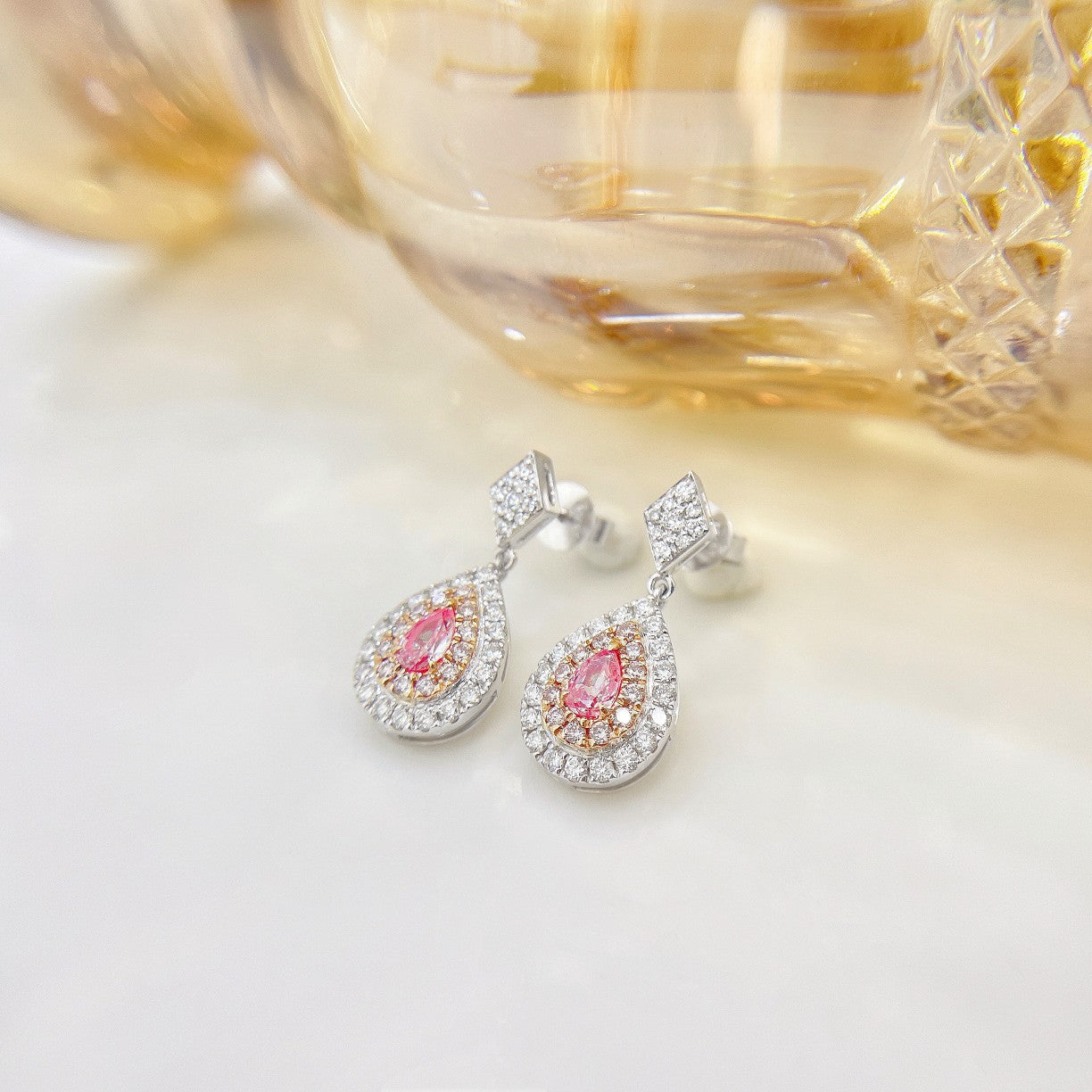 18K Pink Diamond Drop Earrings with Surrounding Diamonds - Jeweler.Jewelry