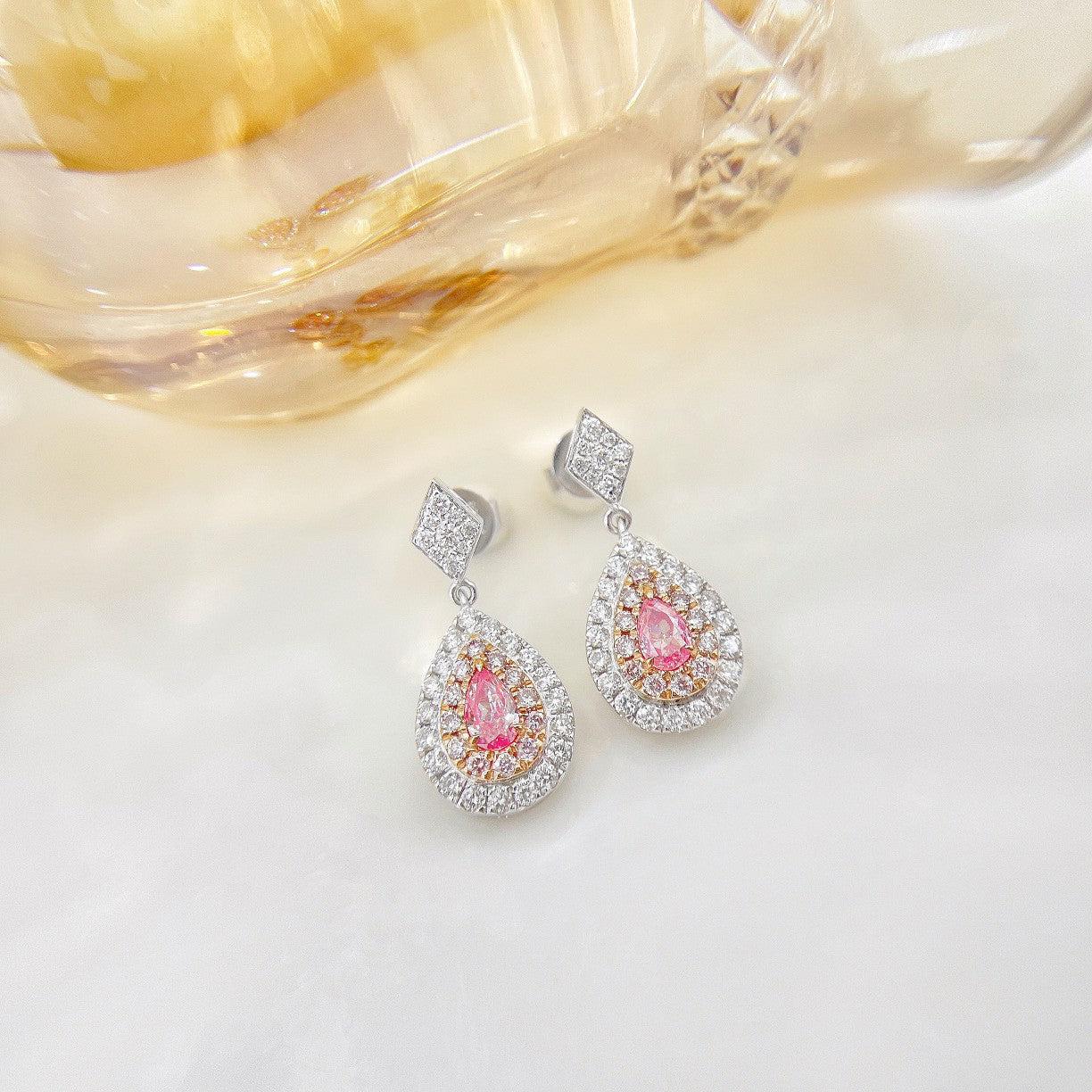 18K Pink Diamond Drop Earrings with Surrounding Diamonds - Jeweler.Jewelry