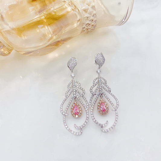 18K Pink Diamond Drop Feather Earrings - Luxurious Jewelry Piece - Jeweler.Jewelry