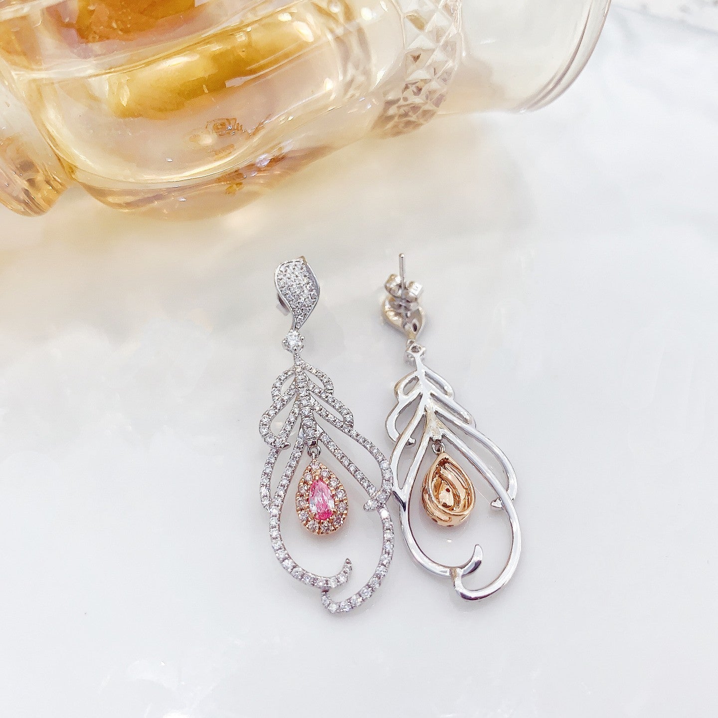 18K Pink Diamond Drop Feather Earrings - Luxurious Jewelry Piece - Jeweler.Jewelry