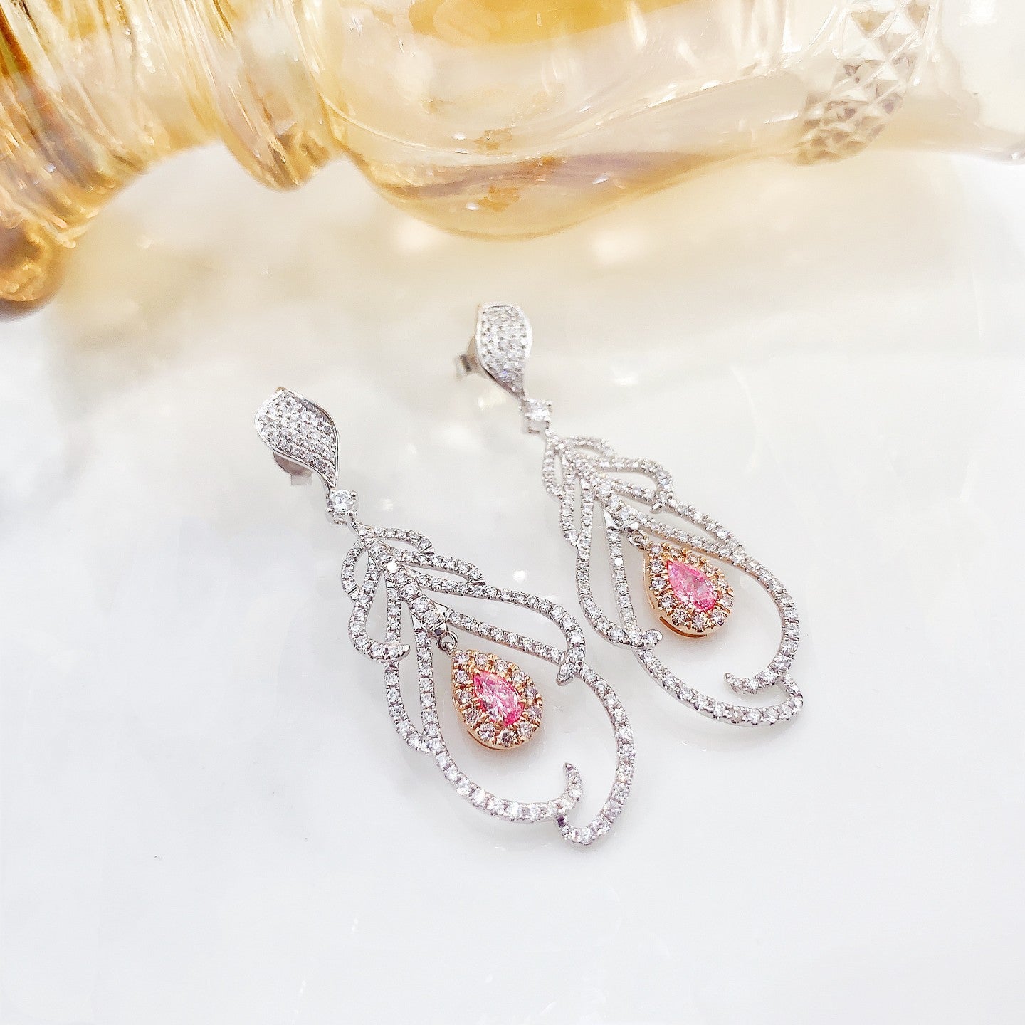 18K Pink Diamond Drop Feather Earrings - Luxurious Jewelry Piece - Jeweler.Jewelry