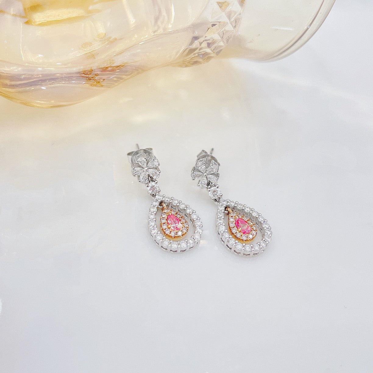 18K Pink Diamond Drop Flower Head Earrings - Jeweler.Jewelry