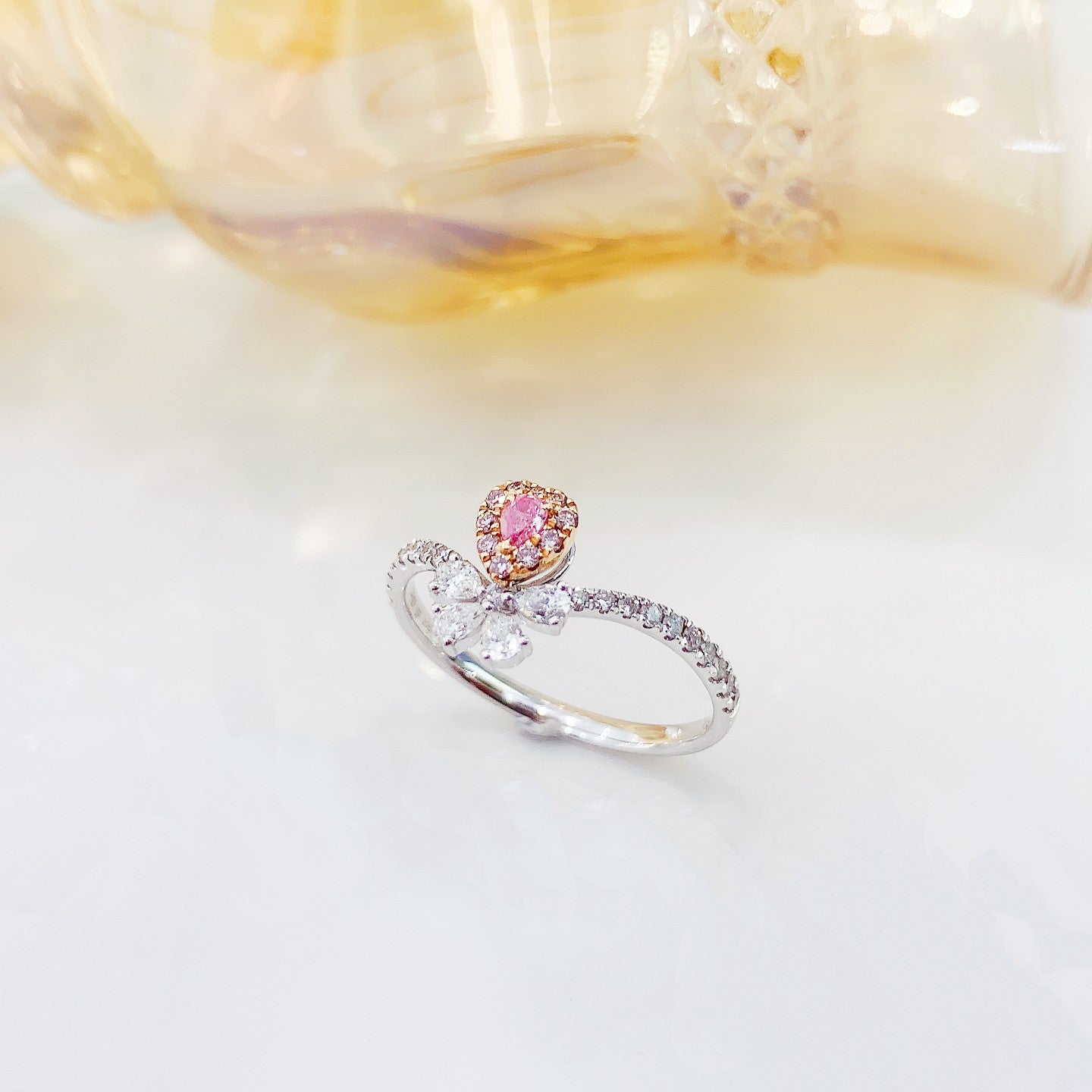 18K Pink Diamond Drop Four-Leaf Ring - Luxurious Jewelry Choice - Pink Diamond Ring