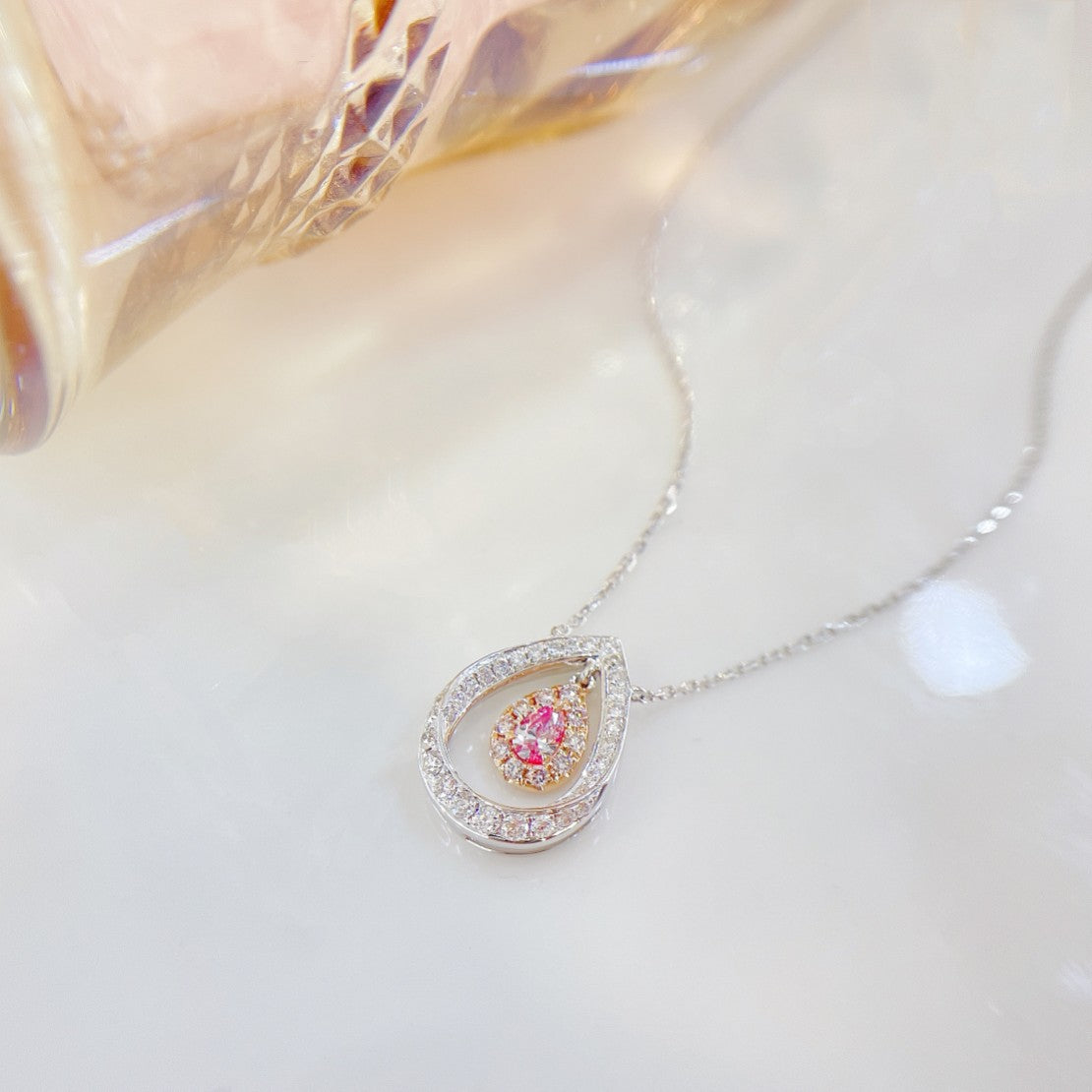 18K Pink Diamond Drop Hollow Flexible Necklace | Elegant Jewelry - Pink Diamond Necklace