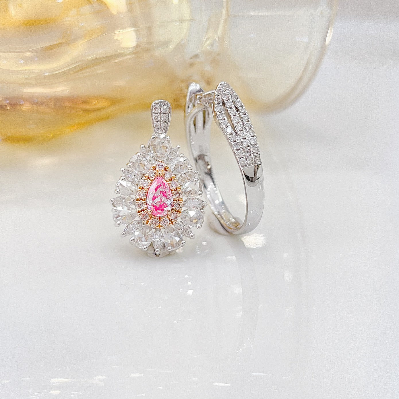 18K Pink Diamond Drop Hollow-out Two-Way Wear Jewelry - Pink Diamond Ring