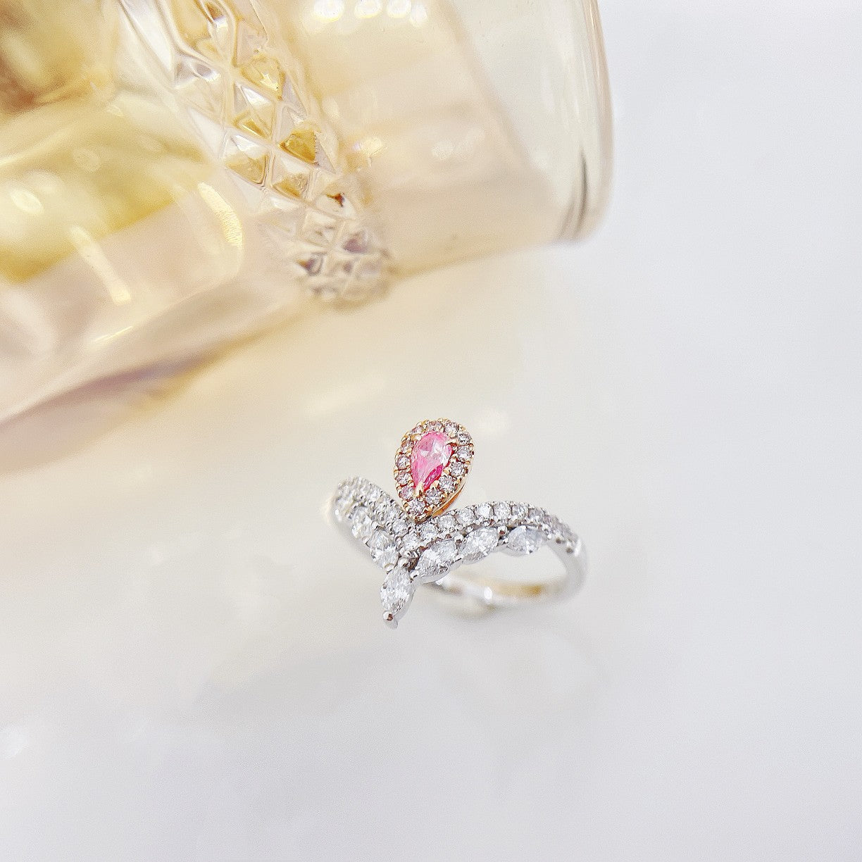 18K Pink Diamond Drop & Marquise Ring - Elegant Jewelry Piece - Pink Diamond Ring