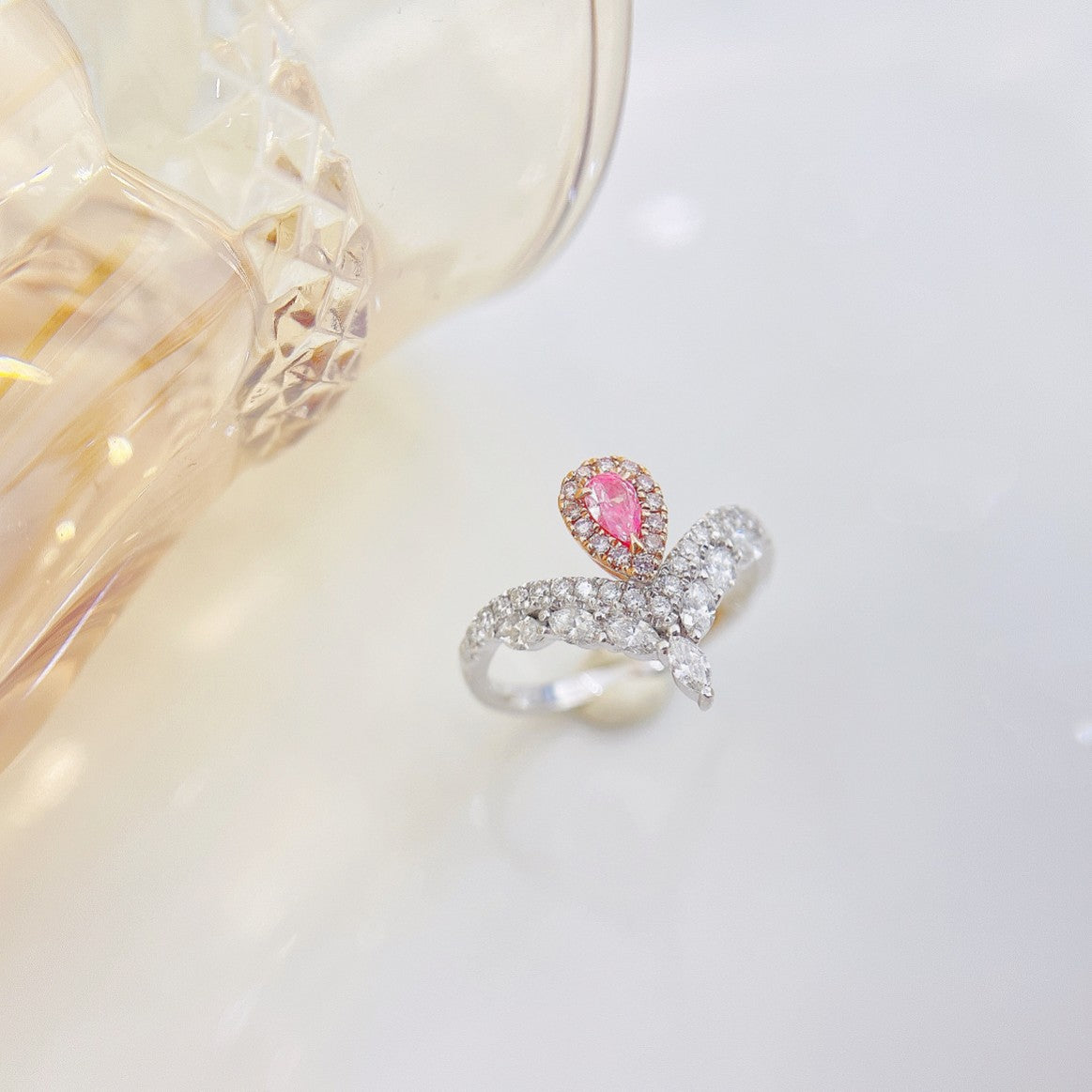 18K Pink Diamond Drop & Marquise Ring - Elegant Jewelry Piece - Pink Diamond Ring