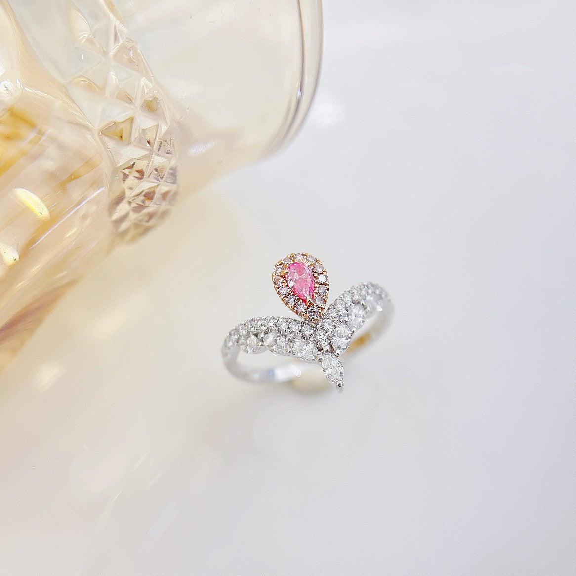 18K Pink Diamond Drop & Marquise Ring - Elegant Jewelry Piece - Pink Diamond Ring