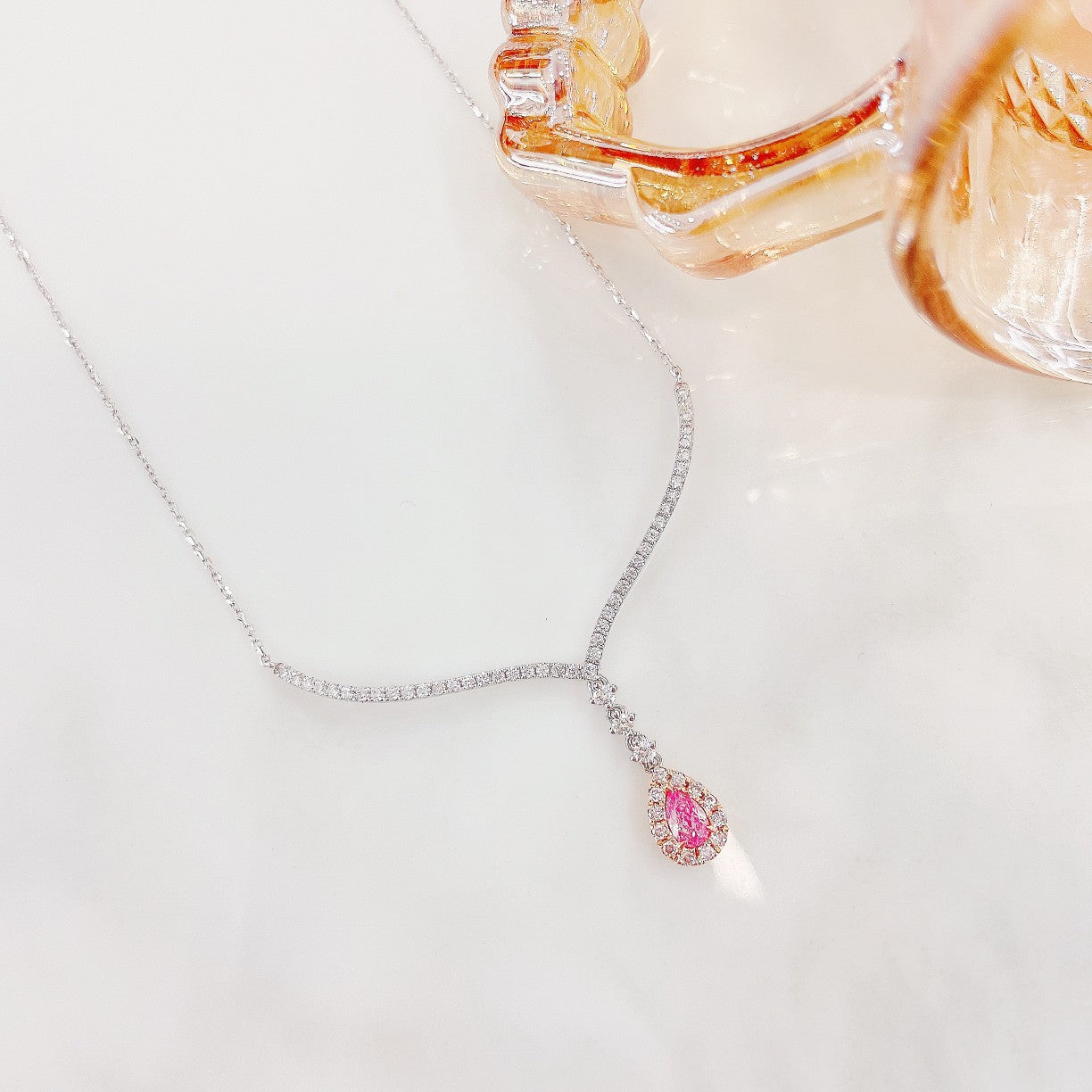 18K Pink Diamond Drop Pendant Necklace - Exquisite Jewelry Piece - Pink Diamond Necklace