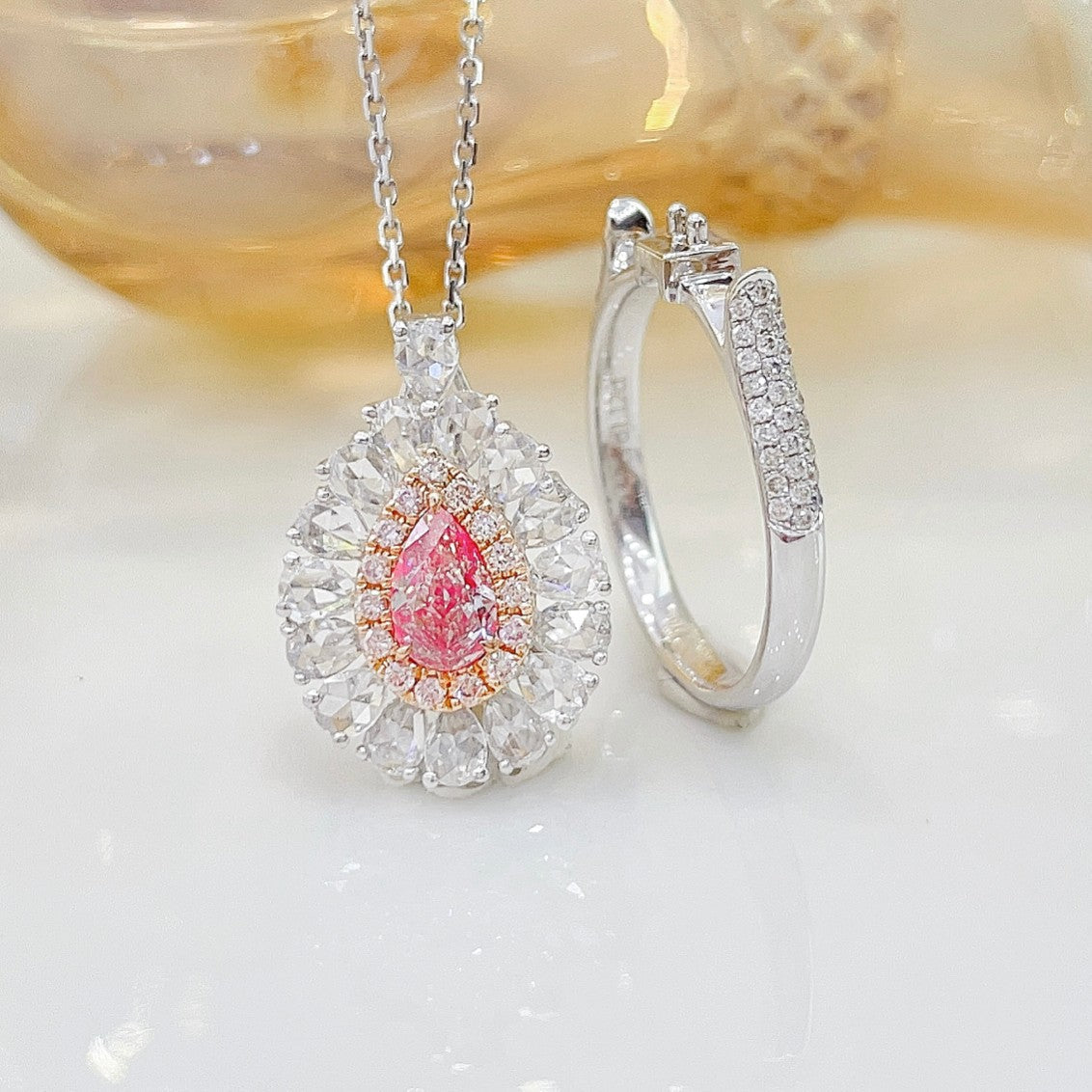 18K Pink Diamond Drop Pendant with Full Pave Setting Two-Way Wear Design | Premium Jewelry - Pink Diamond Ring