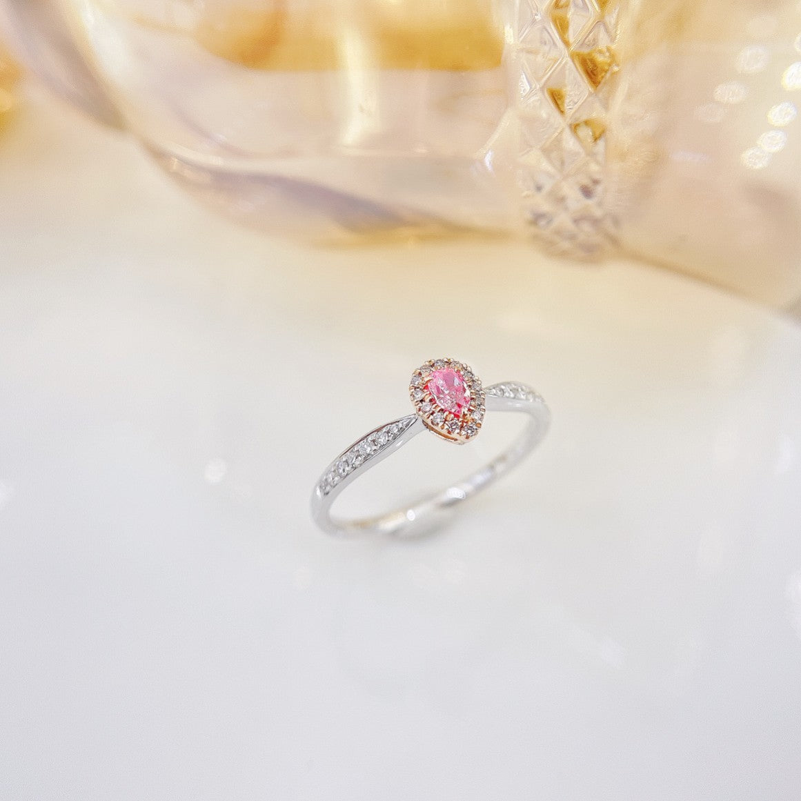 18K Pink Diamond Drop Ring with Surrounding Diamonds - Luxurious Jewelry - Pink Diamond Ring