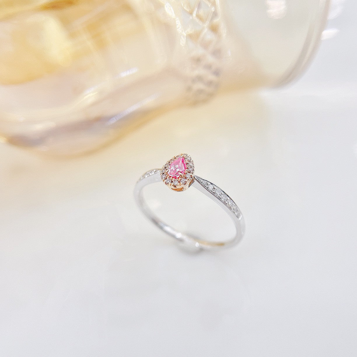 18K Pink Diamond Drop Ring with Surrounding Diamonds - Luxurious Jewelry - Pink Diamond Ring