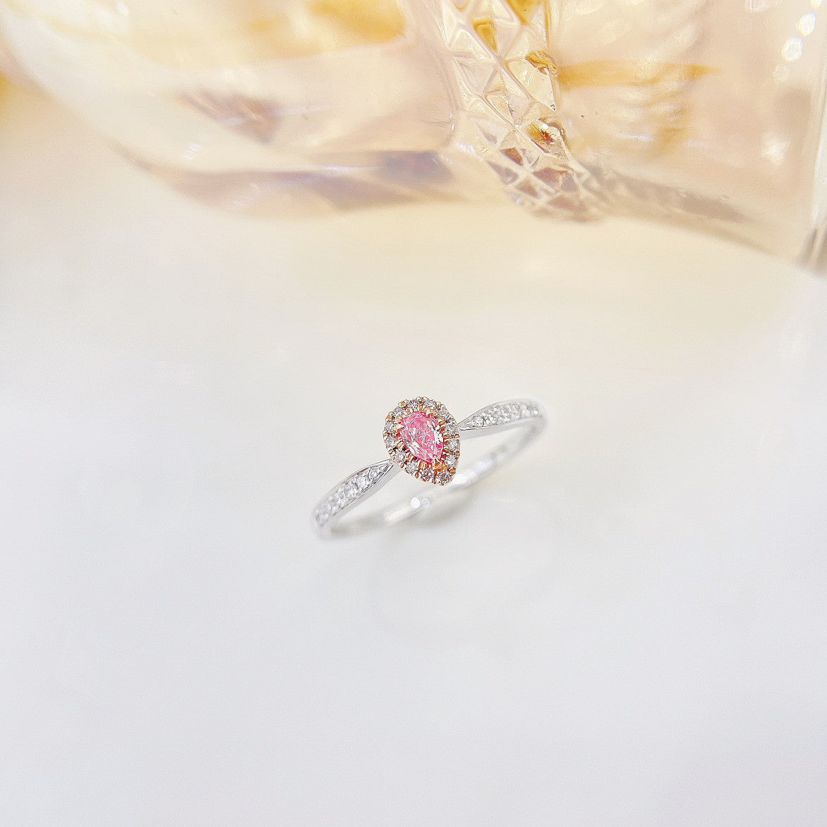 18K Pink Diamond Drop Ring with Surrounding Diamonds - Luxurious Jewelry - Pink Diamond Ring