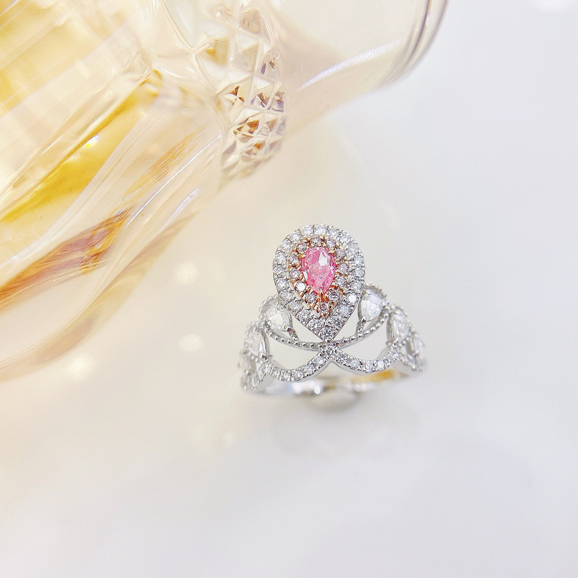 18K Pink Diamond Drop Ring with Surrounding Diamonds - Premium Jewelry - Pink Diamond Ring