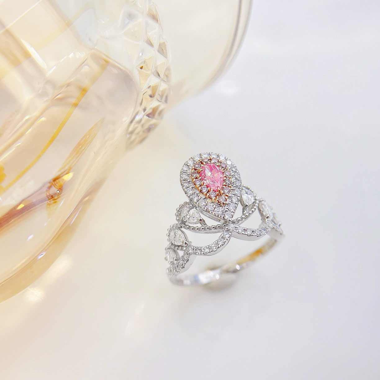 18K Pink Diamond Drop Ring with Surrounding Diamonds - Premium Jewelry - Pink Diamond Ring