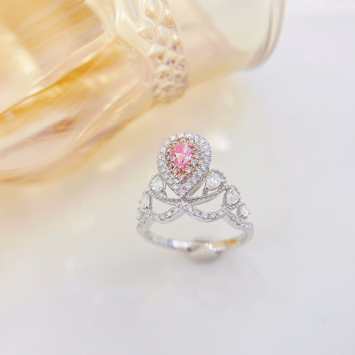 18K Pink Diamond Drop Ring with Surrounding Diamonds - Premium Jewelry - Pink Diamond Ring