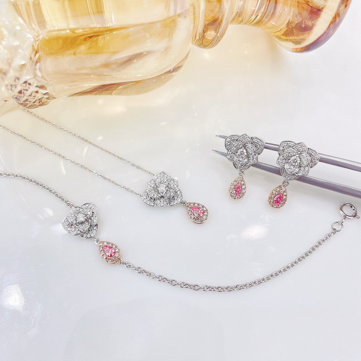 18K Pink Diamond Drop-shaped Earl of Flower Jewelry Set - Pink Diamond Set System