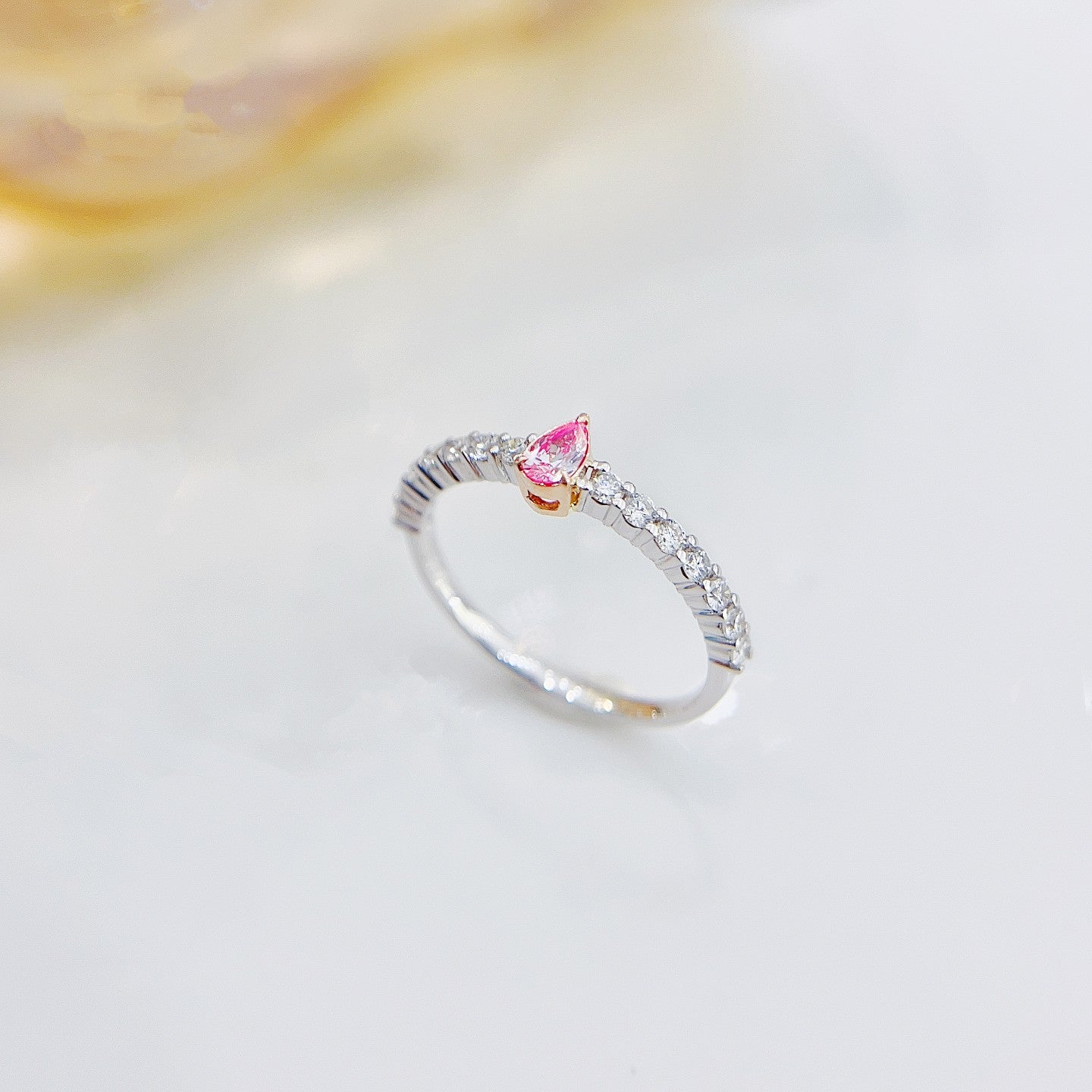 18K Pink Diamond Drop Straight Arm Ring - Elegant Jewelry Piece - Pink Diamond Ring