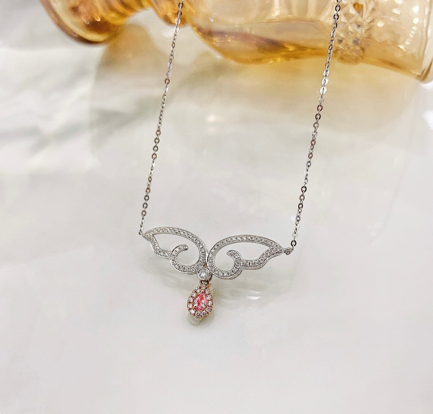 18K Pink Diamond Drop Wing Necklace | Luxurious Jewelry Piece - Pink Diamond Necklace