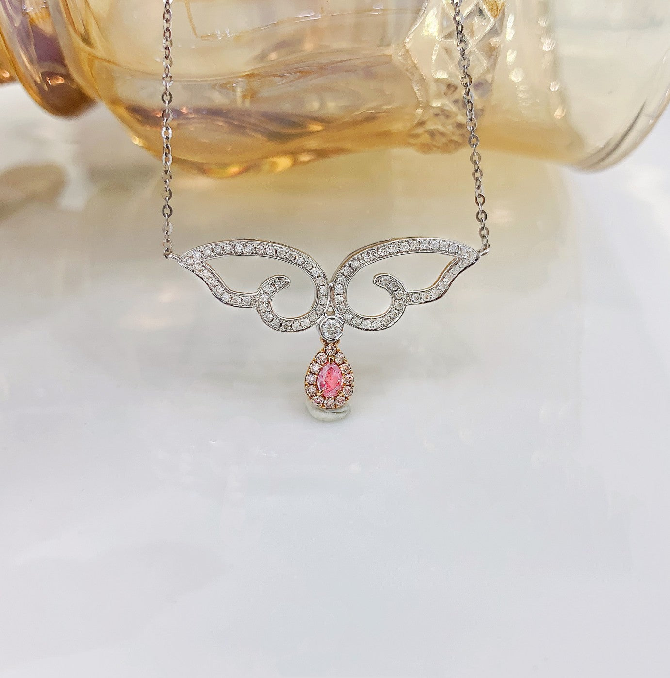 18K Pink Diamond Drop Wing Necklace | Luxurious Jewelry Piece - Pink Diamond Necklace