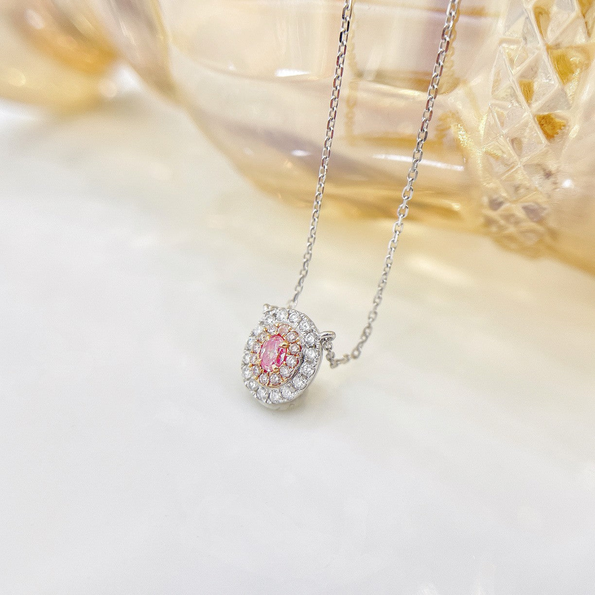 18K Pink Diamond Ellipse Cluster Necklace - Exquisite Jewelry Piece - Pink Diamond Necklace