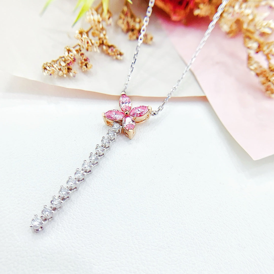 18K Pink Diamond Four-Leaf Marquise Necklace - Exquisite Jewelry - Pink Diamond Necklace