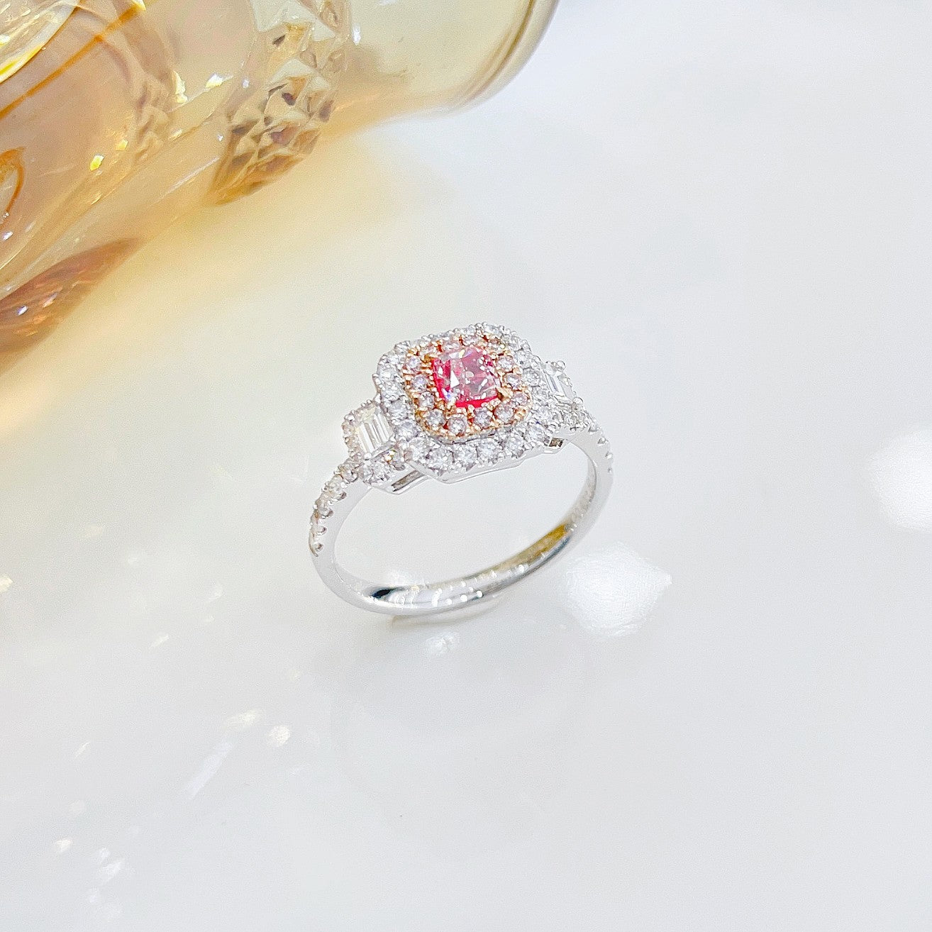 18K Pink Diamond GIA Cushion Cut Double-Tier Ring - Luxury Jewelry - GIA Pink Diamond Ring