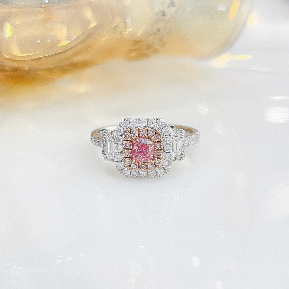 18K Pink Diamond GIA Cushion Cut Double-Tier Ring - Luxury Jewelry - GIA Pink Diamond Ring