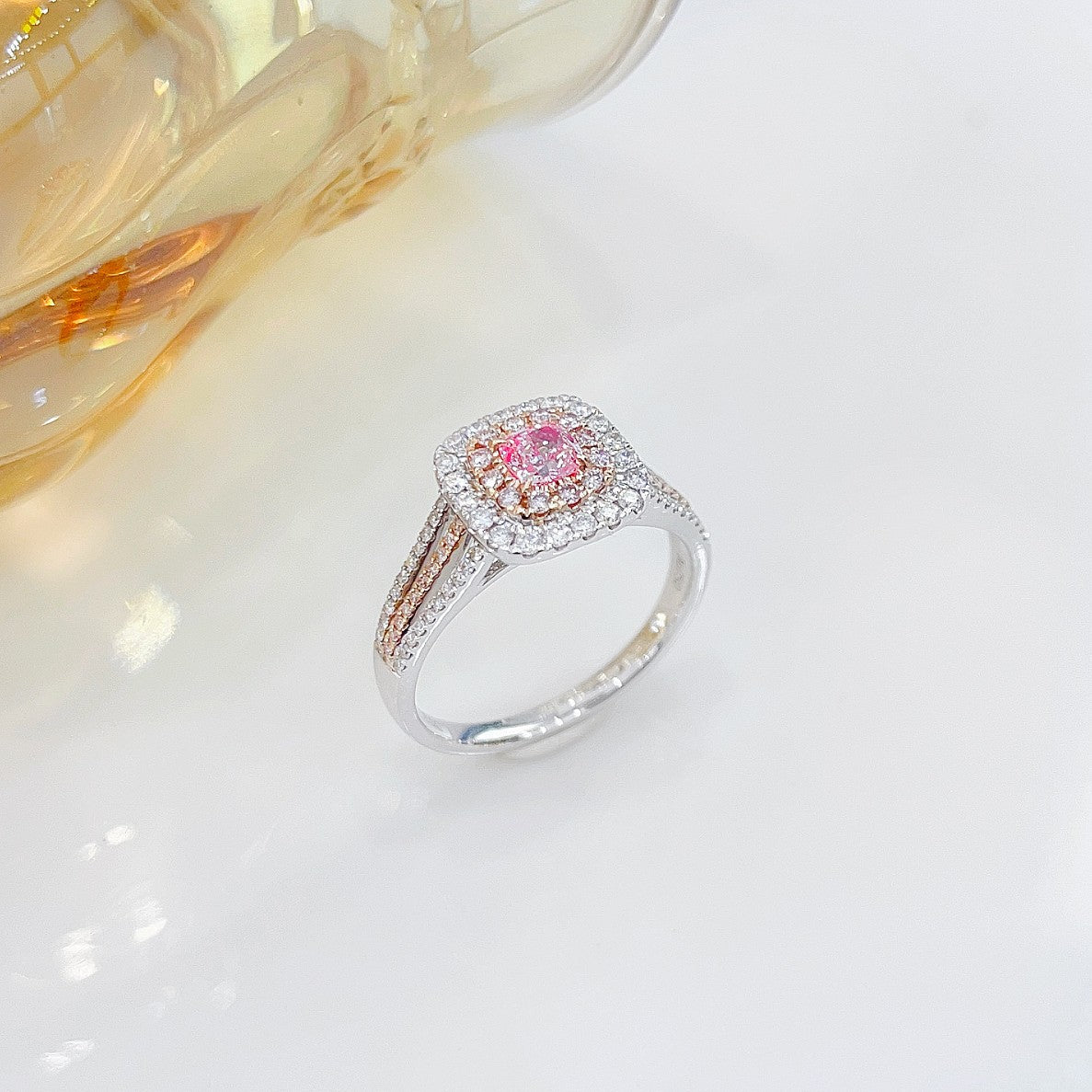 18K Pink Diamond GIA Double Halo Color Split Ring - Luxurious Jewelry - GIA Pink Diamond Ring