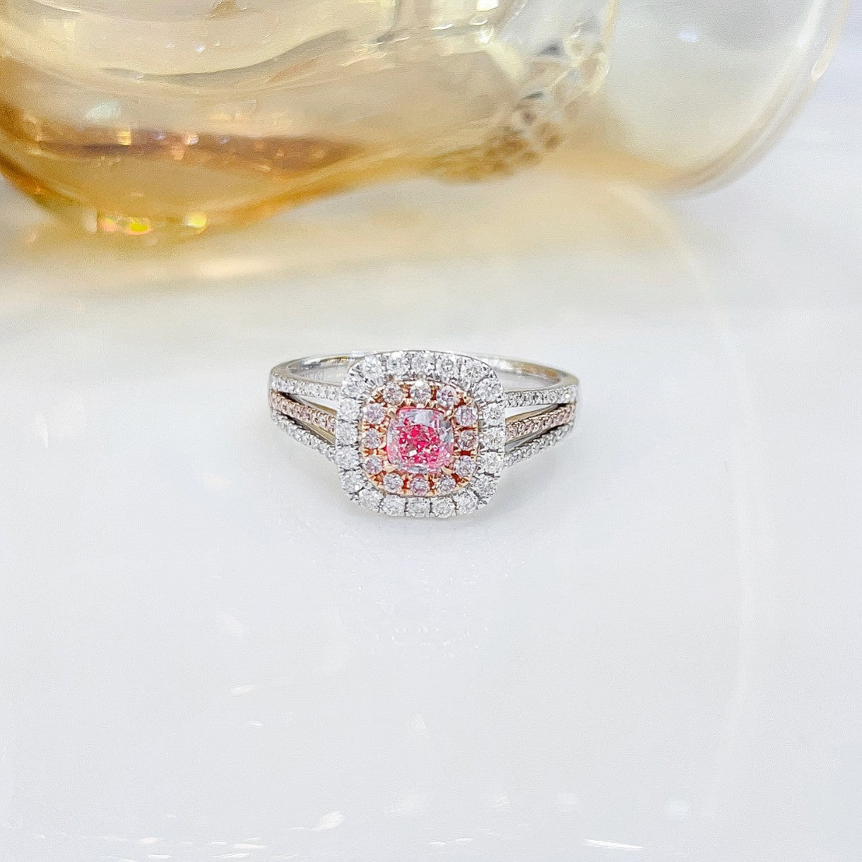 18K Pink Diamond GIA Double Halo Color Split Ring - Luxurious Jewelry - GIA Pink Diamond Ring