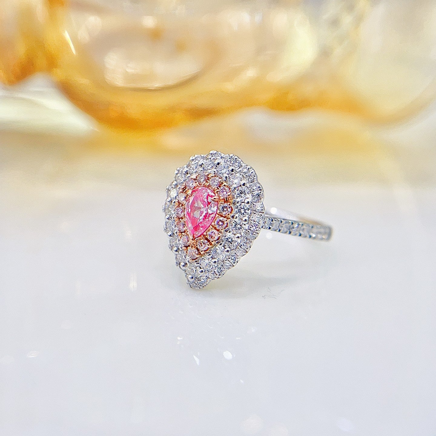 18K Pink Diamond GIA Teardrop Double Halo Ring - Luxury Jewelry - GIA Pink Diamond Ring