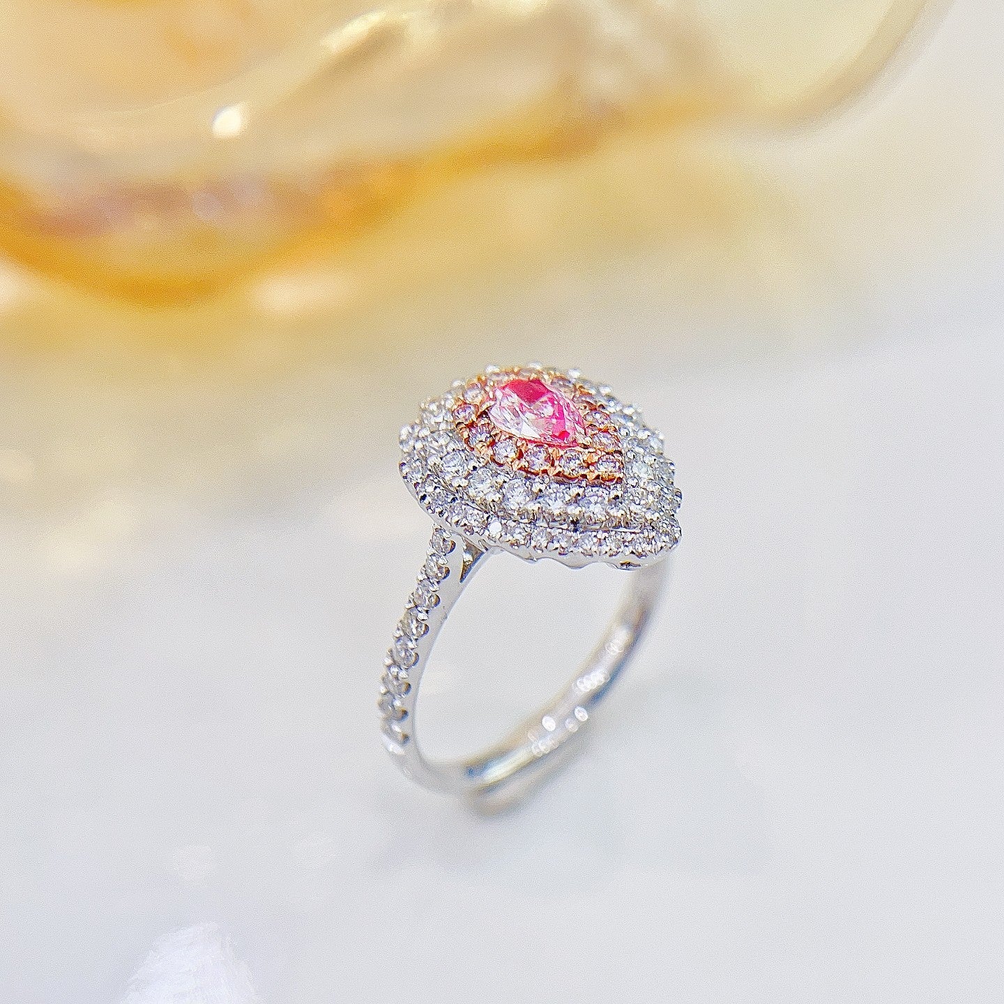 18K Pink Diamond GIA Teardrop Double Halo Ring - Luxury Jewelry - GIA Pink Diamond Ring