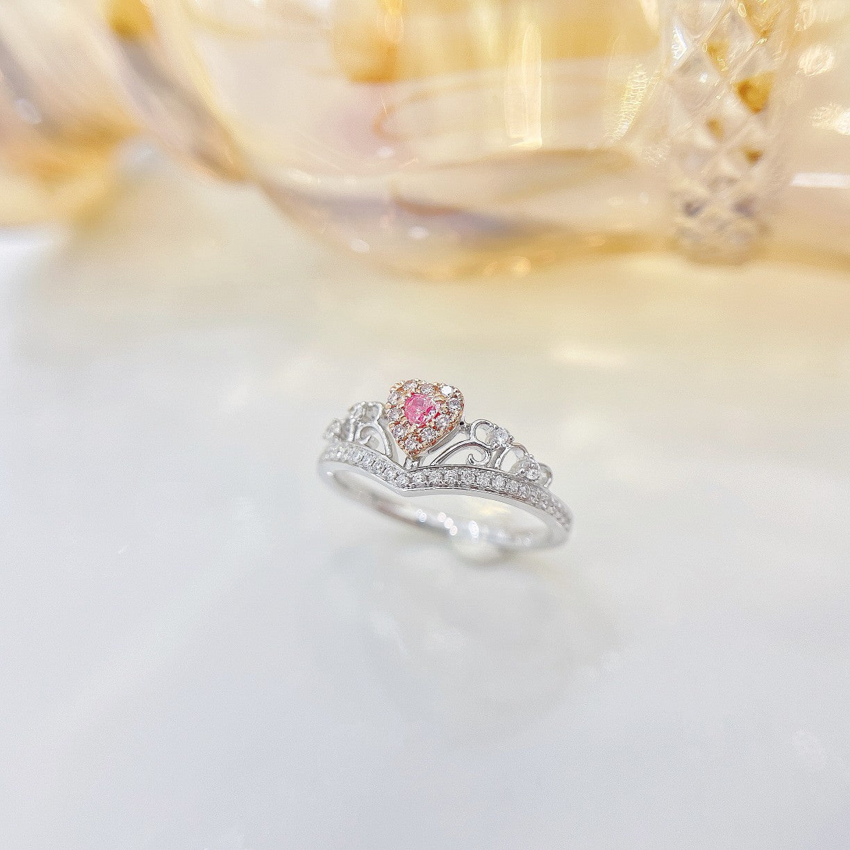 18K Pink Diamond Heart-Shaped Crown Ring - Luxurious Jewelry Piece - Pink Diamond Ring