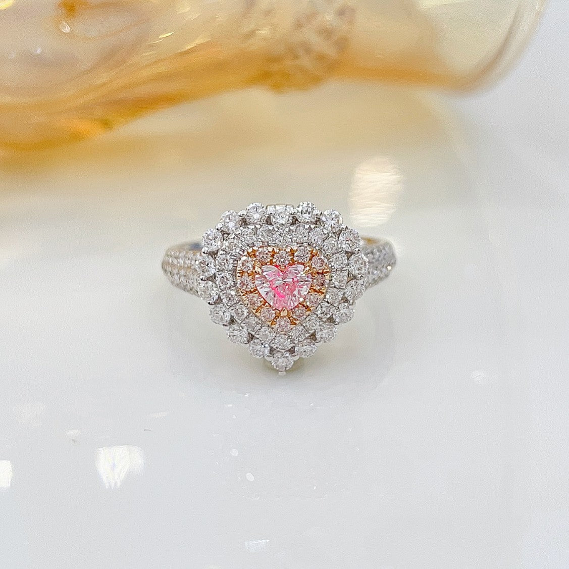 18K Pink Diamond Heart-Shaped Halo Two-Way Wear Jewelry - Pink Diamond Ring