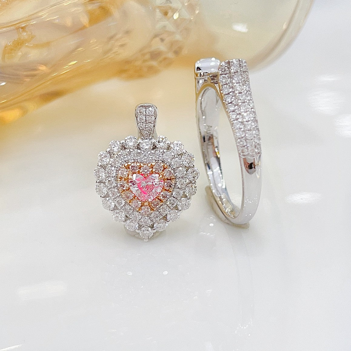 18K Pink Diamond Heart-Shaped Halo Two-Way Wear Jewelry - Pink Diamond Ring