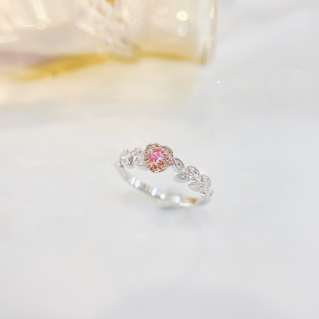 18K Pink Diamond Heart-Shaped Leaf Ring | Premium Jewelry - Pink Diamond Ring