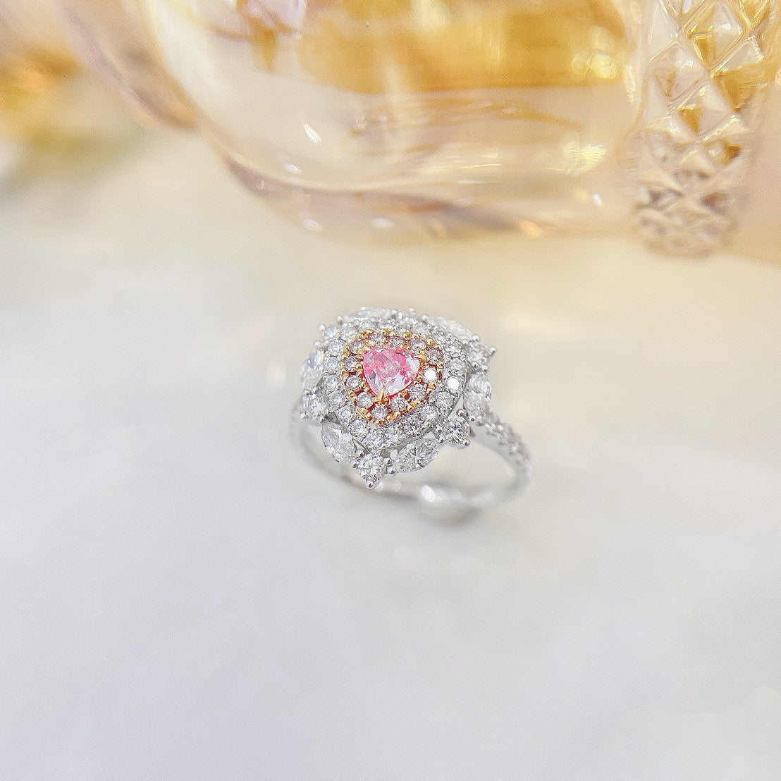 18K Pink Diamond Heart-Shaped Marquise Ring with AGL Certificate - Pink Diamond Ring