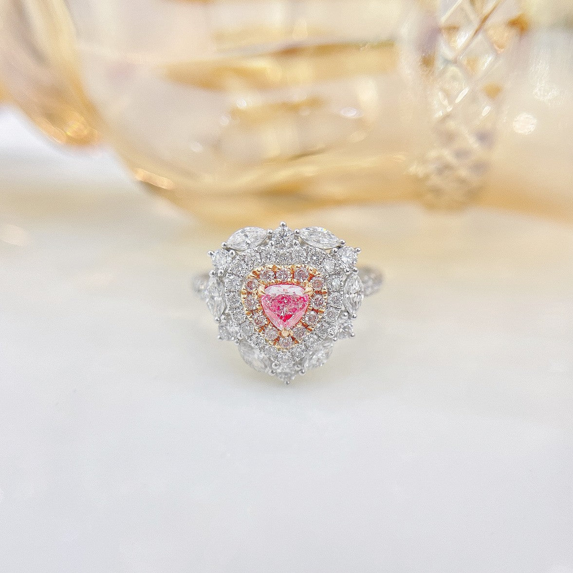 18K Pink Diamond Heart-Shaped Marquise Ring with AGL Certificate - Pink Diamond Ring