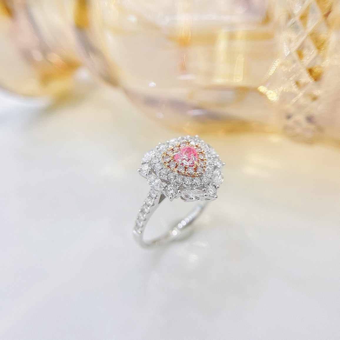 18K Pink Diamond Heart-Shaped Marquise Ring with AGL Certificate - Pink Diamond Ring