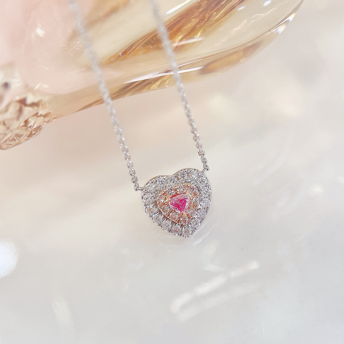 18K Pink Diamond Heart-Shaped Pendant Necklace with Surrounding Diamonds - Pink Diamond Necklace